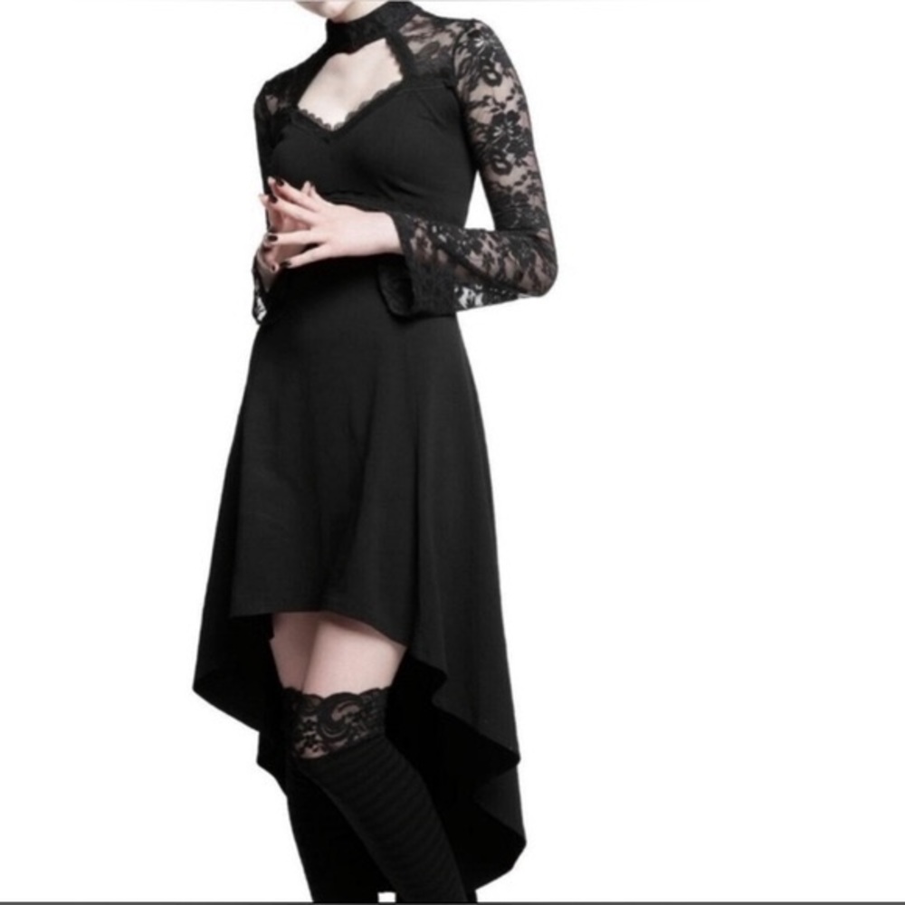 SOLD - TRIPP NYC Vintage Gothic Black Hi-Low Long Sleeved Lace with Front Choker - Picture 1 of 8